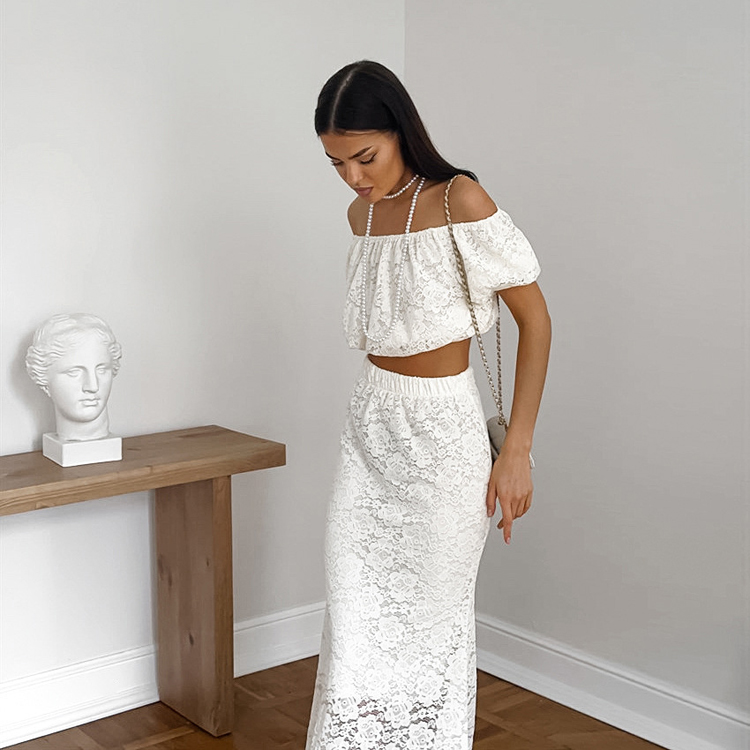 French Cotton Lace off Shoulder Casual Dress Puff Sleeve Fishtail Skirt Women Suit 2024 Autumn Fashion Two Piece Set for Women