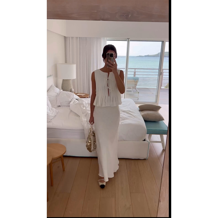 2024 White Cotton and Linen Strap Sleeveless Hollow Pleated Shirt Long Skirt Casual Set Solid Color Women Simple 2 Piece Set