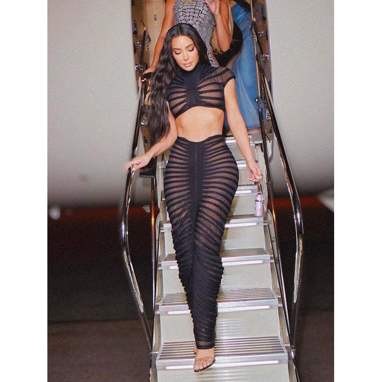 Womens Sexy Knitted Dress See Through Nightclub Suit Short Top Low Waist Hip Long Skirt Suit Fashion Hollow Pleated Design