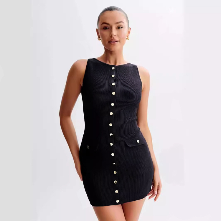 2024 Summer New Style Women Knit Dress Temperament Elegant Sleeveless O Neck Slim Woolen Short Dress Fashion Black Casual Dress