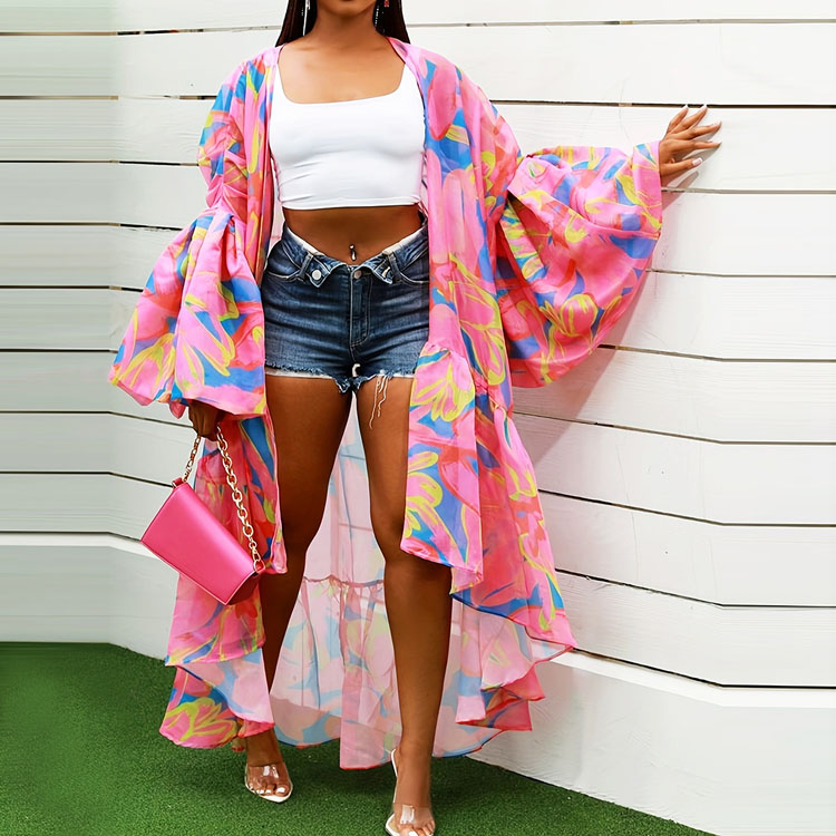 2025 Casual Spring and Autumn Womens Cover up Lantern Sleeve Irregular Hem Long Printing Outer Cardigan Women Beach Cover up