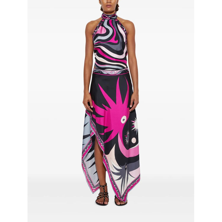 2025 New Printed Casual Set Satin Halter Backless Lace up Top Irregular Long Skirt Two Piece Set Beach Set