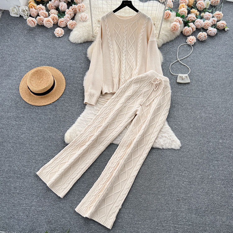 Fashion Women Suit French Gentle Style Loose Cable Knit Sweater Set High Waist Slim Drape Trousers Knitting Two Piece Suit
