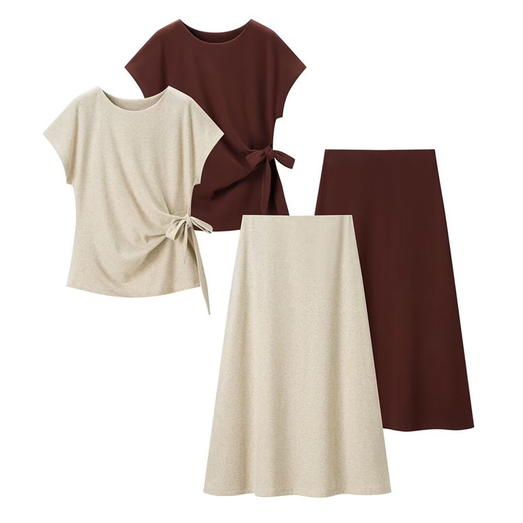 2026 Summer New Arrivals Knotted Top and Midi A-line Skirt Women Commuting Set Solid Color Casual Suit