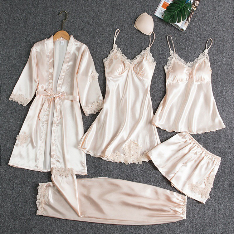 2024 Pajamas Women Summer Ice Silk Sexy Hot Homewear Spring and Autumn Long Sleeve Lace Pajamas 5 Piece Set