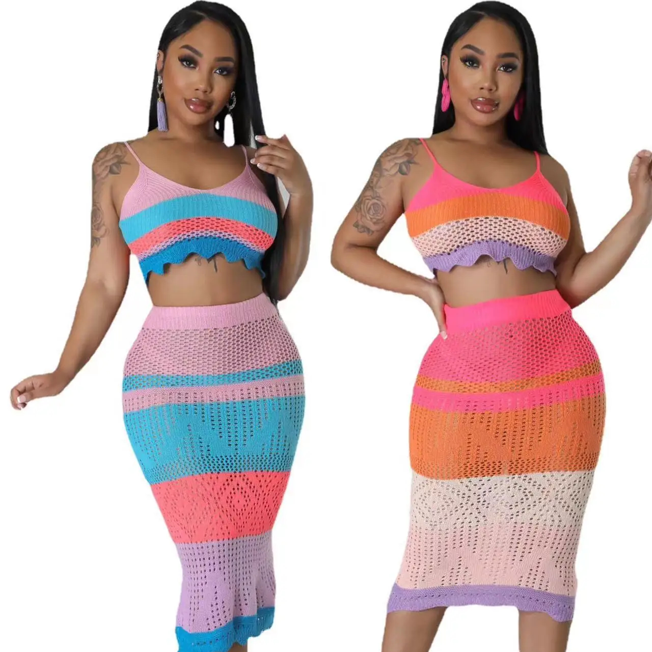 Hot Selling 2023 Summer Womens Dress Sexy Hollow Skirt Two Pieces Halter Knit Dress Holiday Dress