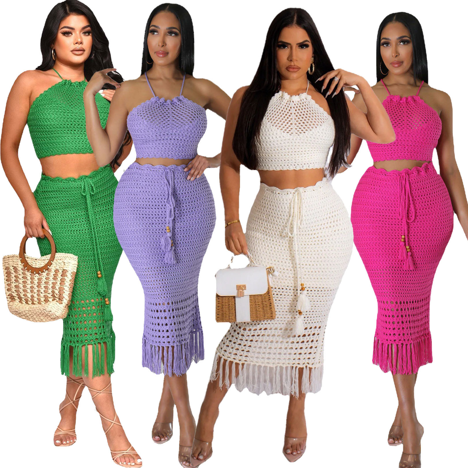 2023 Summer Womens Fashion Self Color Dress Plus Size Halter Hollow Dress Knit Dress