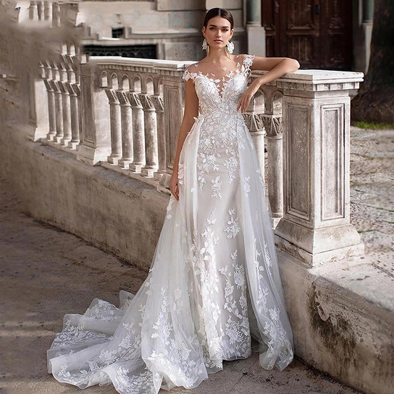 2023 New Ceremonial Dress Illusion Fishtail Skirt O Neck Skirt Backless Floor Skirt Wedding Dress