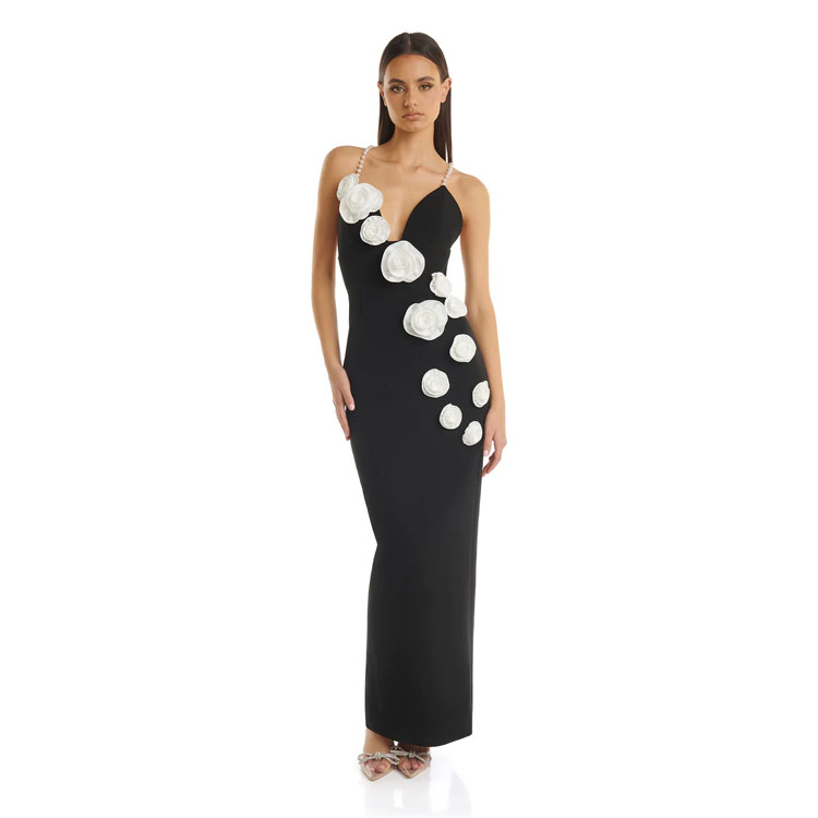 Gowns for Women 3D Flower Skirt Pearls Halter Elegant Dresses Sexy Deep v Neck Backless Vent Bodycon Dress