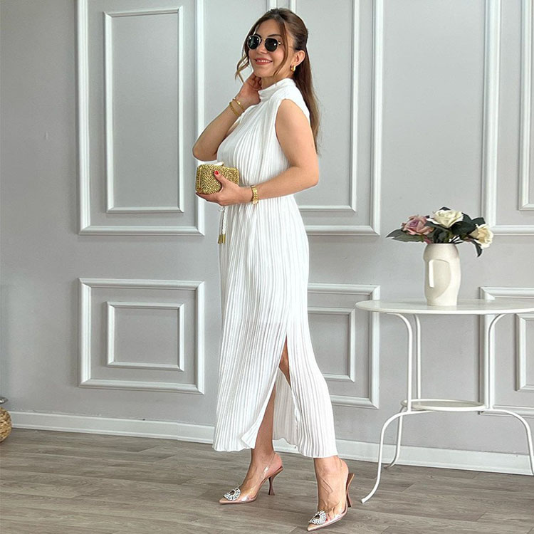 Hot Sell New Women Clothing Lady Elegant Simple Sleeveless Dress Pleated Sleek Stain Dress Cinching Casual Dress