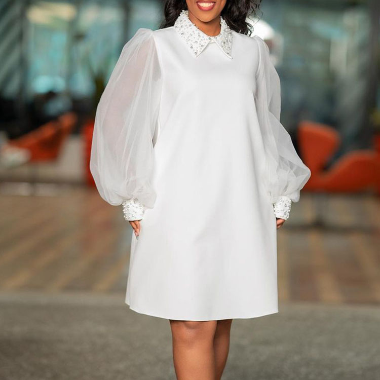 New Clothing 2023 Women Plus Size Dress Beads Mesh Sleeve Knee Length Dress Elegant Loose Solid Casual Dress