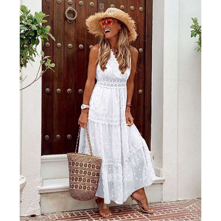 New Arrives Fashion Women Casual Dress Sexy Deep V Neck Sleeveless Dress Elegant Slim Patchwork Maxi Dress Holiday