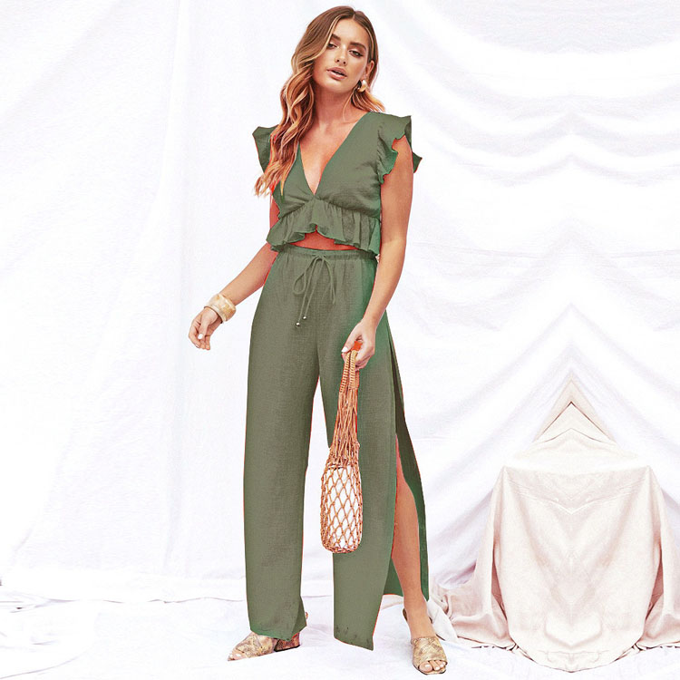 New Clothes Launch Womens Two PIece Sets Deep V Neck Short Ruffled Sleeve Crop Top Slit Pant Elegant Matching Clothes