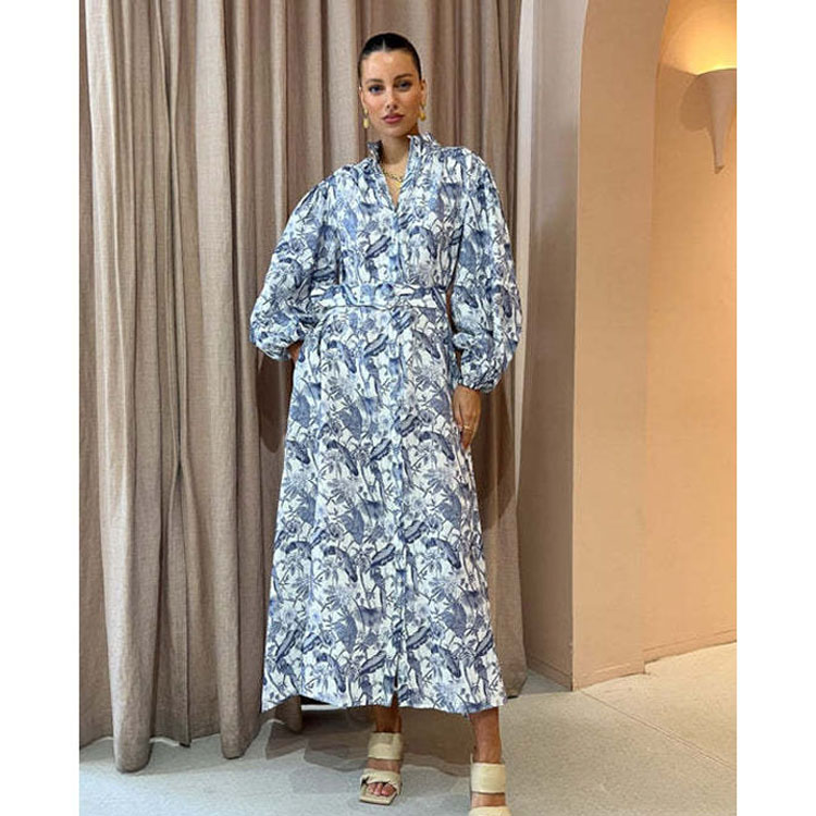 2023 New Arrives Shirt Printed Dress Temperament Vintage Long Lantern Sleeve Dress Stand Collar Belt Casual Dress