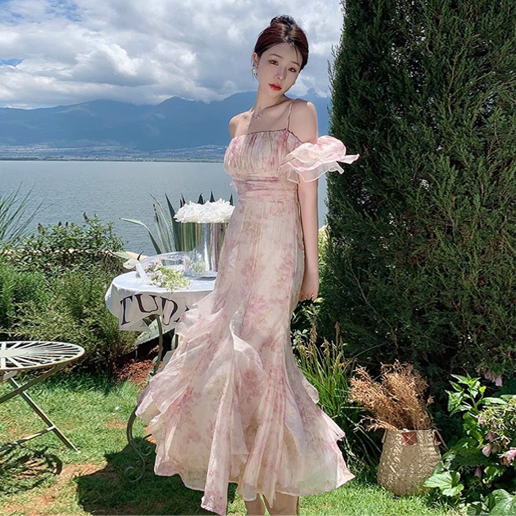 Hot Sell 2023 Summer Sweet Floral Printed Dress Off Shoulder Halter Chiffon Holiday Maxi Dress Puff Sleeve Dress Elegant Women
