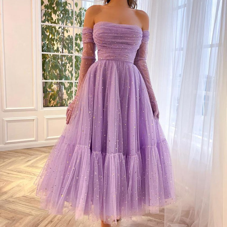 Wholesale New Purple Evening Party Dress Temperament Backless Sleeveless Mesh Dress Off Shoulder Sequin Long Dress