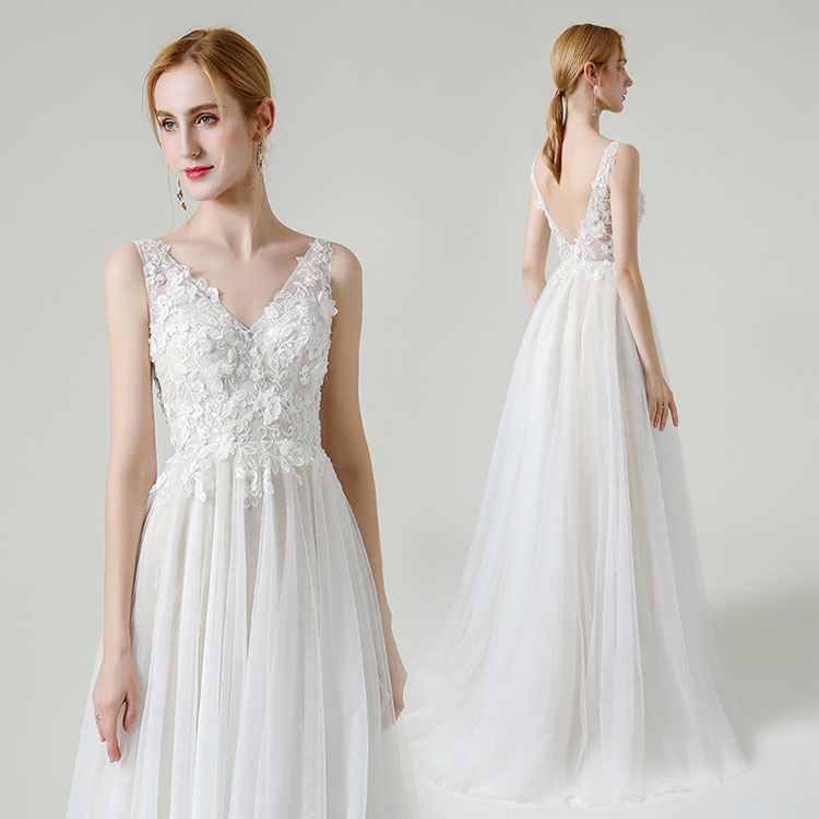 Plus Size French Tulle Lace Fabric for Wedding Evening Dress Embroidery Backless V Neck Sleeveless Simple Dress