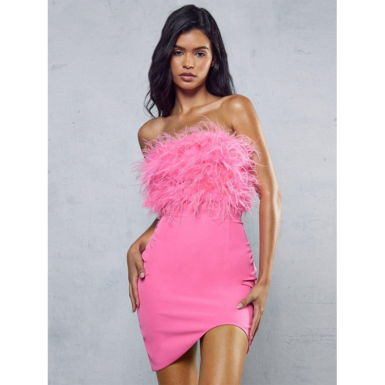 High Quality Luxury Women Temperament Evening Club Party Dress Feathers Tassel Sexy Backless Sleeveless Slim Mini Skirt