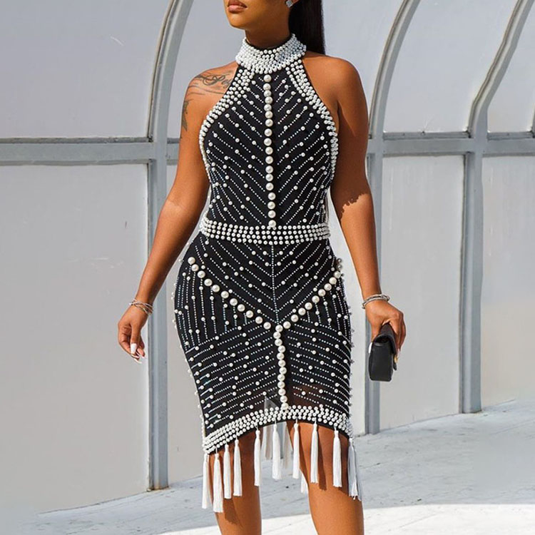 High Quality Sexy Club Party Dress Solid Color Rhinestone Pearls Beaded Tassel Bodycon Backless Sleeveless Slim Dress