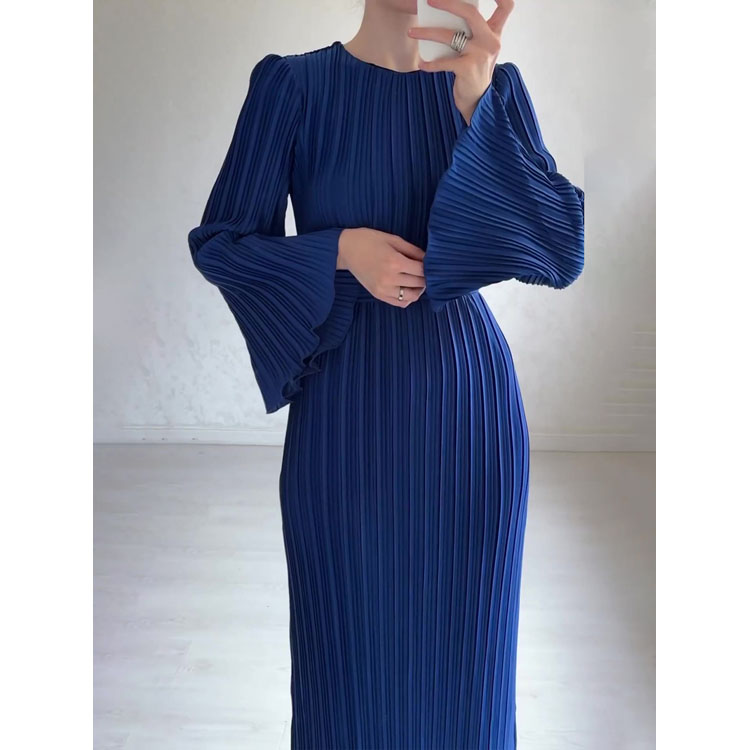 2023 Fashion Autumn Women Ruffled Casual Dress Elegant Long Sleeve O Collar Pleated Slim Loose With Belt Office Dress
