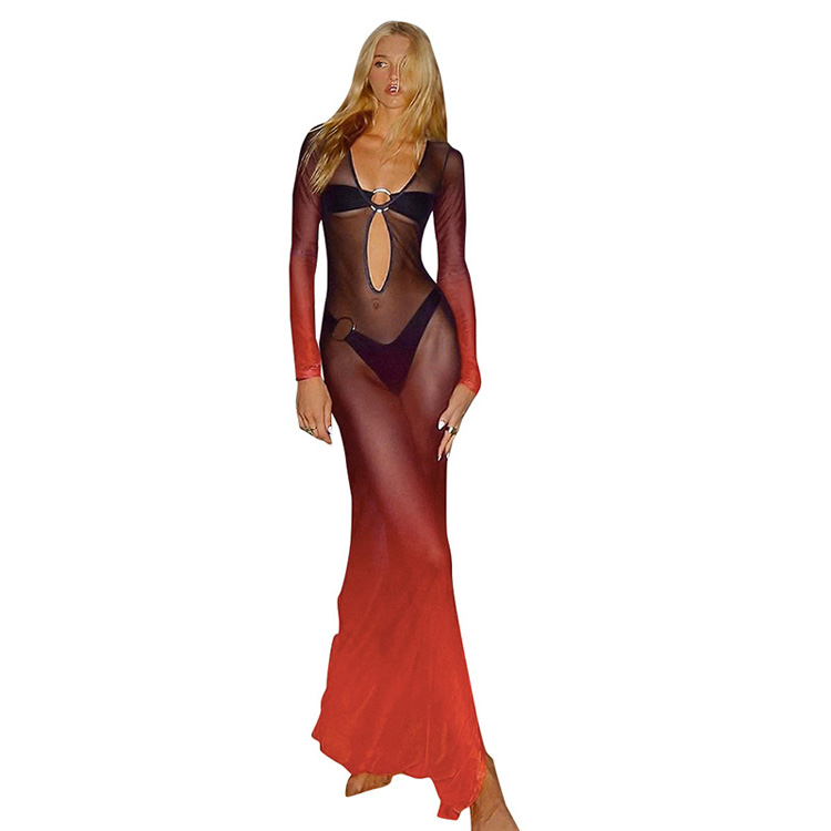 Elegant New Trend 2024 Gradient Print Midi Dress V Neck See Through Sexy Slim Long Dresses