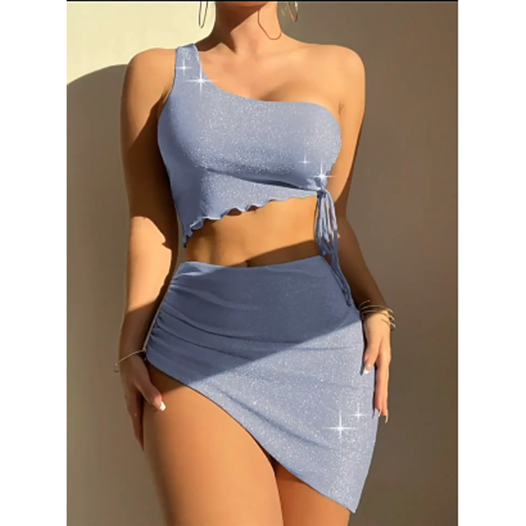 One Shoulder Blue Bikini 3 Piece Set Ruffle String Sparkle Bikini With Irregular Skirt Wholesale Brazilian Bikinis