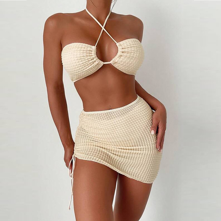 Sexy Bikini Three Piece Bikinis Set Solid Color Skirt Halter Swimsuit Sexy Luxury White Bathing Set