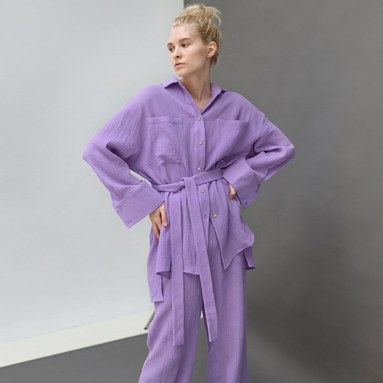 2023 Autumn Pajamas Women's Lace up Shirts Pajamas Two Piece Set Solid Color Loose Fitting Home Furnishings