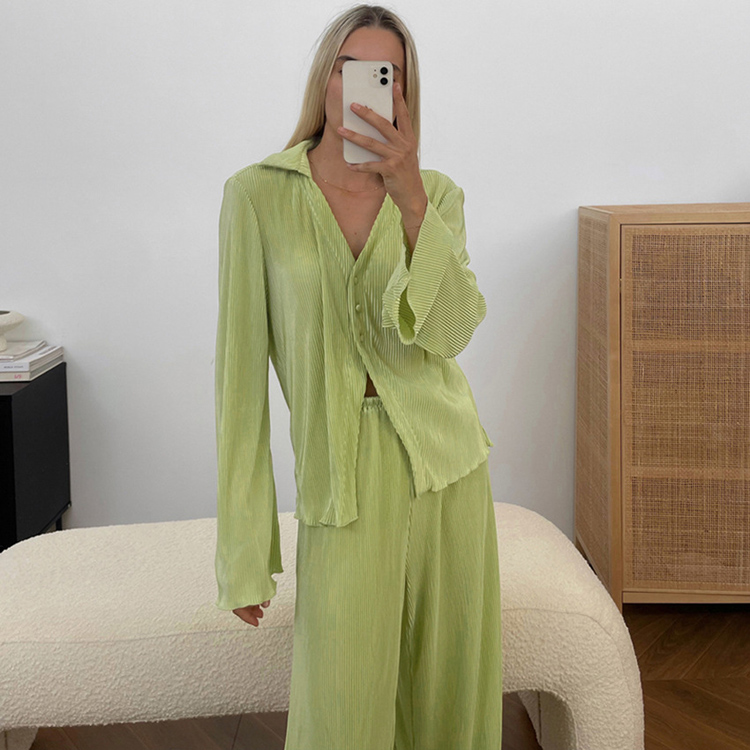 2023 Autumn Pleated Pajama Set Ice Silk Fashion Outerwear Pants Loose Home Fur for Women