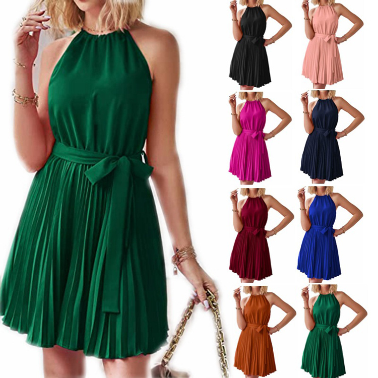 2023 Summer Women's New Style Necklaces Sleeveless Pleated Mini Dress