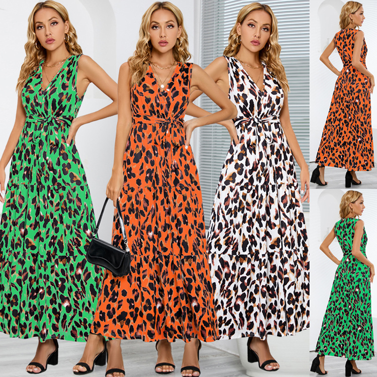 V-neck Leopard Print Slim Strappy Dress Cocktail Party Fashion Dress Large Women Dress