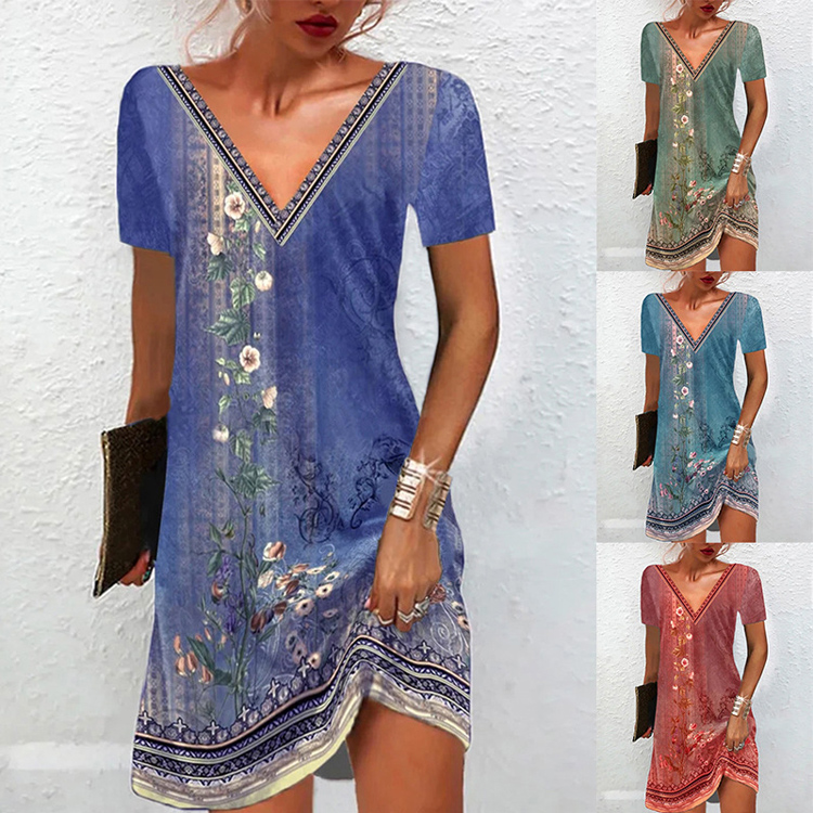 Spring and Summer National Wind Printing Women Dress Casual V Neck Short Sleeved Dress