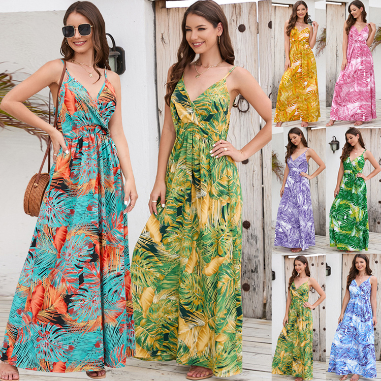 Wholesale Women Bohemian Print Dress Summer Sexy V Neck Strappy Dress