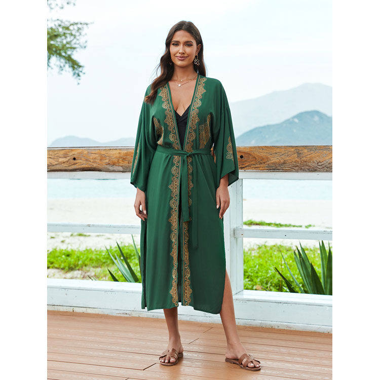Wholesaler Loose Rayon Embroidered Cardigan Bikini Sun Long Shirt Beach Sexy Cover Ups for Women