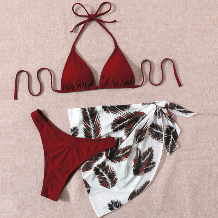 Custom logo Belted Gauze Bathing Suit Women's Three-piece Beach Bikini