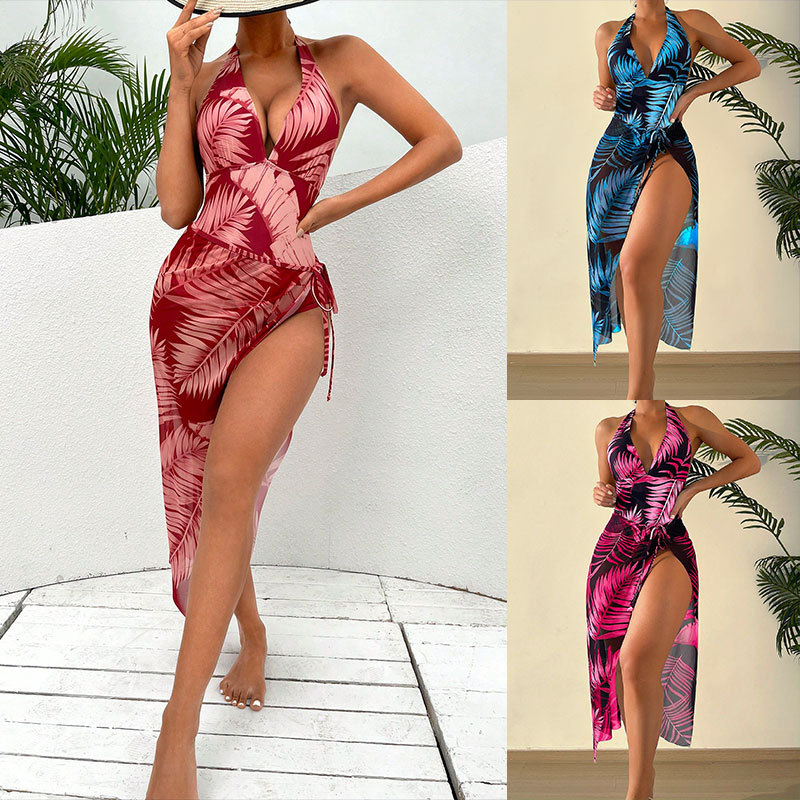 2023 New Printed Hanging Neck Sexy Bikini Hot Spring Swimwear Cardigan Backless Women's Swimwear
