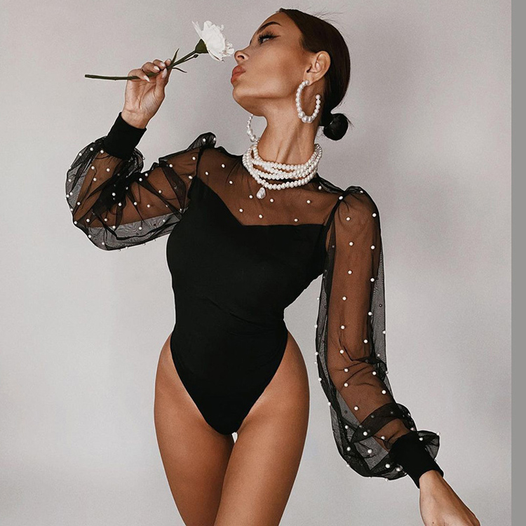 Mesh Long Sleeve One Piece Sexy Briefs Bubble Sleeve Beaded Tight Plastic Base Coat