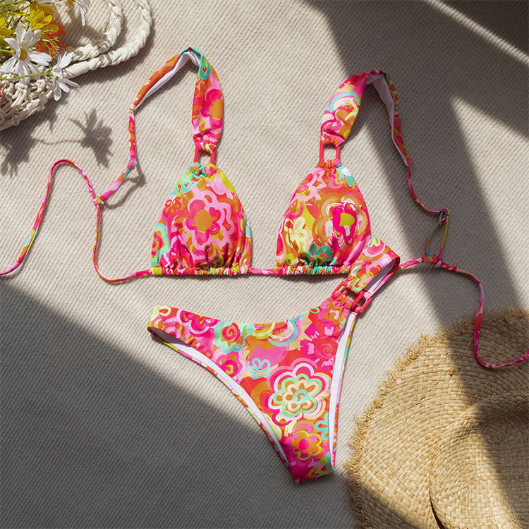 2023 New Summer Stock Swimsuit Women Two Piece Bikini Triangle Cup Off Back Printed Swimsuit