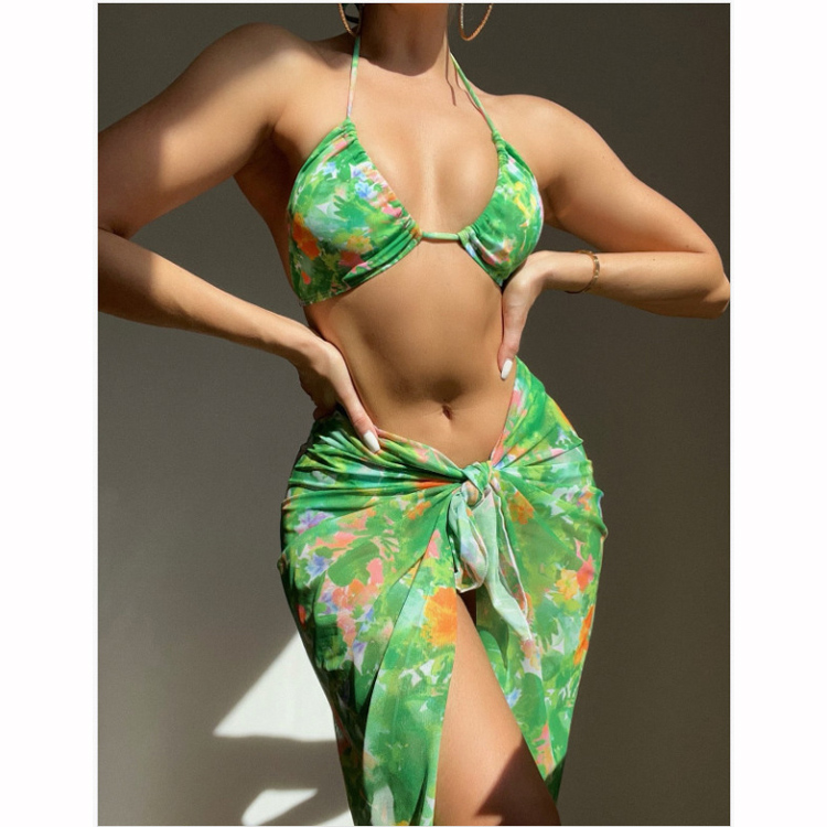2023 New Three Piece Set Printed Green Swimwear Sexy Lace up Open Back Small Chest Gathered Split Bikini