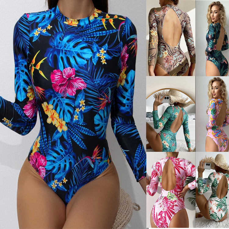 2023 New One Piece Swimwear Conservative Print Long Sleeve Backless Swimwear