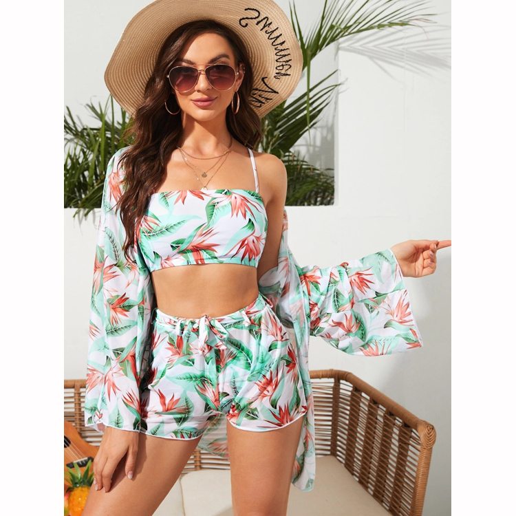 2023 Swimsuit Women's Three Piece High Waisted Long Sleeved Boxer Shorts Bikini