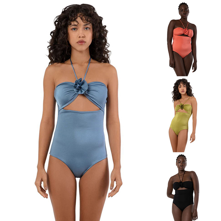 2023 Fashion New Solid Color Sexy Bikini Gathering Lace up One Piece Women's Flower Swimwear