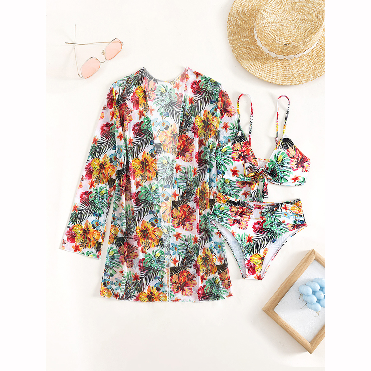 2023 New Printed Long Sleeve Cover Sun Protection Bikini Three Piece High Waist Kimono Split Swimwear