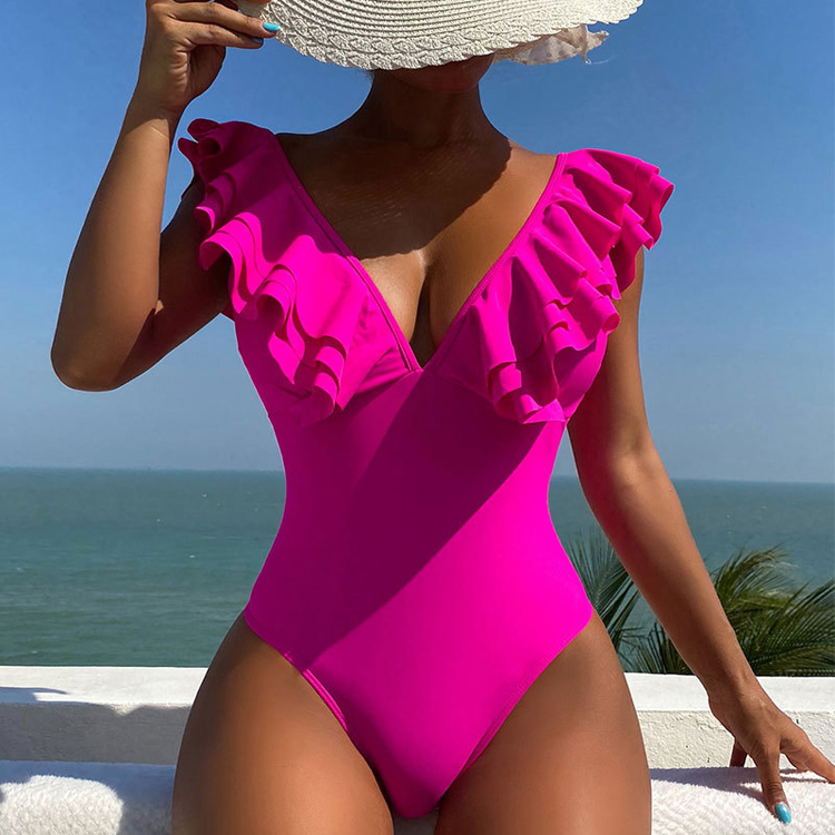 2023 New v Neck Ruffled Body Fitting One Piece Swimsuit Women Triangle Cover Belly Slimming Bikini