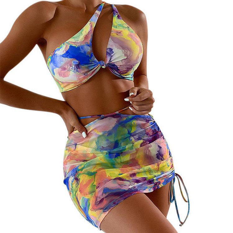 Tie Dyed One Shoulder Hollow Split Bikini Women Mesh Wrap Skirt Swimsuit Bikini