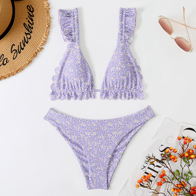 New Design Floral Flying Bow Knot Tie Women Split Sleeveless Adult v Neck Bikini