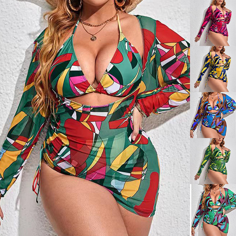 Plus Size Three Piece Swimsuit Multi Color  Printed Mesh Blouse Sunscreen Bikini Swimsuit