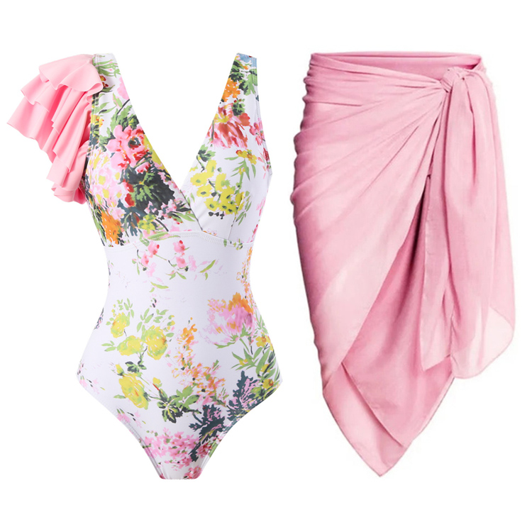 2023 New Wholesale Floral Print Ruffled  Female Retro Mesh Beach Skirt One Piece Swimsuit