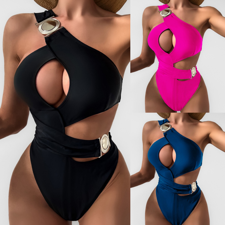 2023 New Solid Color Bikini Metal Round Buckle Sexy One Piece Bikini Swimsuit for Women