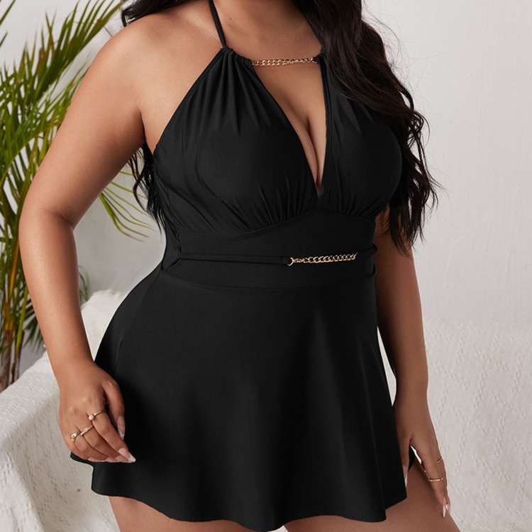 2023 New Plus Size One Piece Bikini Solid Color Gathered Skirt Loose Beach Swimsuit Wholesale